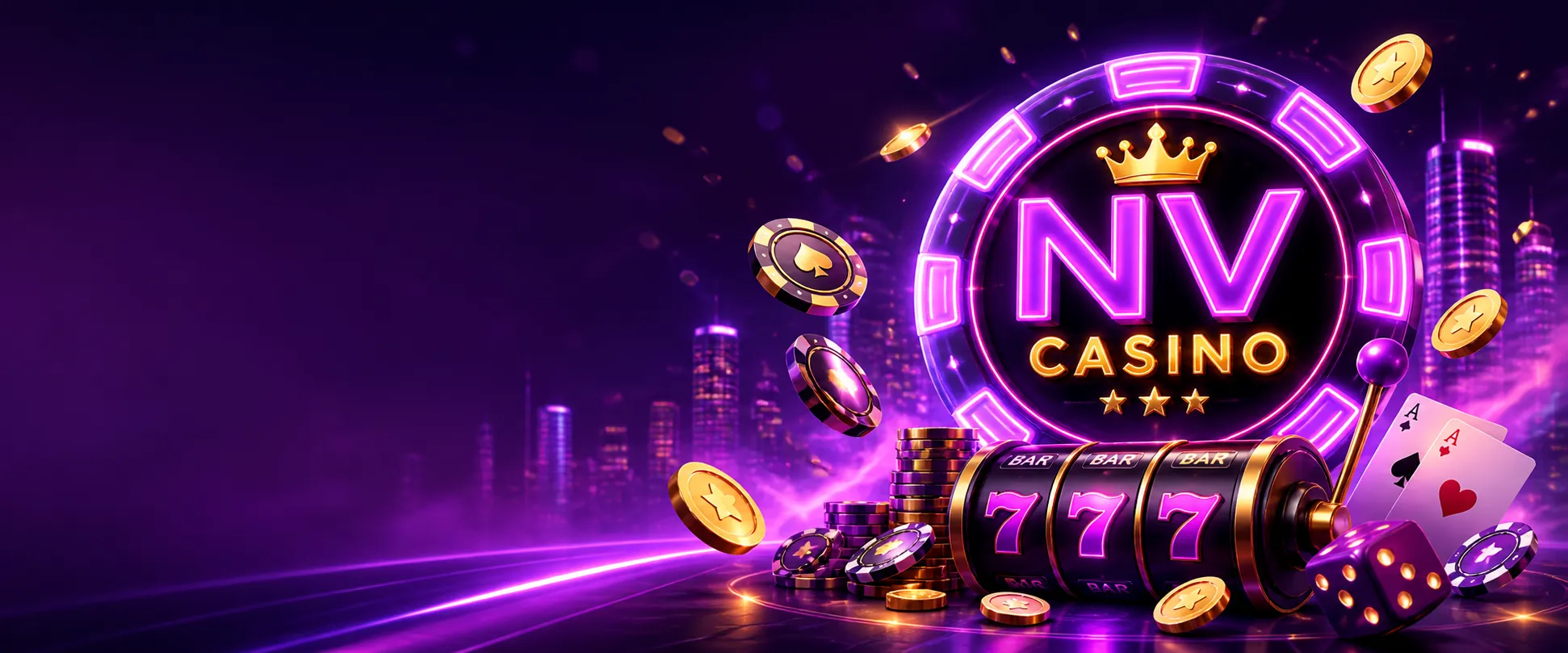 A vibrant promotional image featuring a purple-magenta neon casino atmosphere reflecting modern luxury and stylish iGaming mo