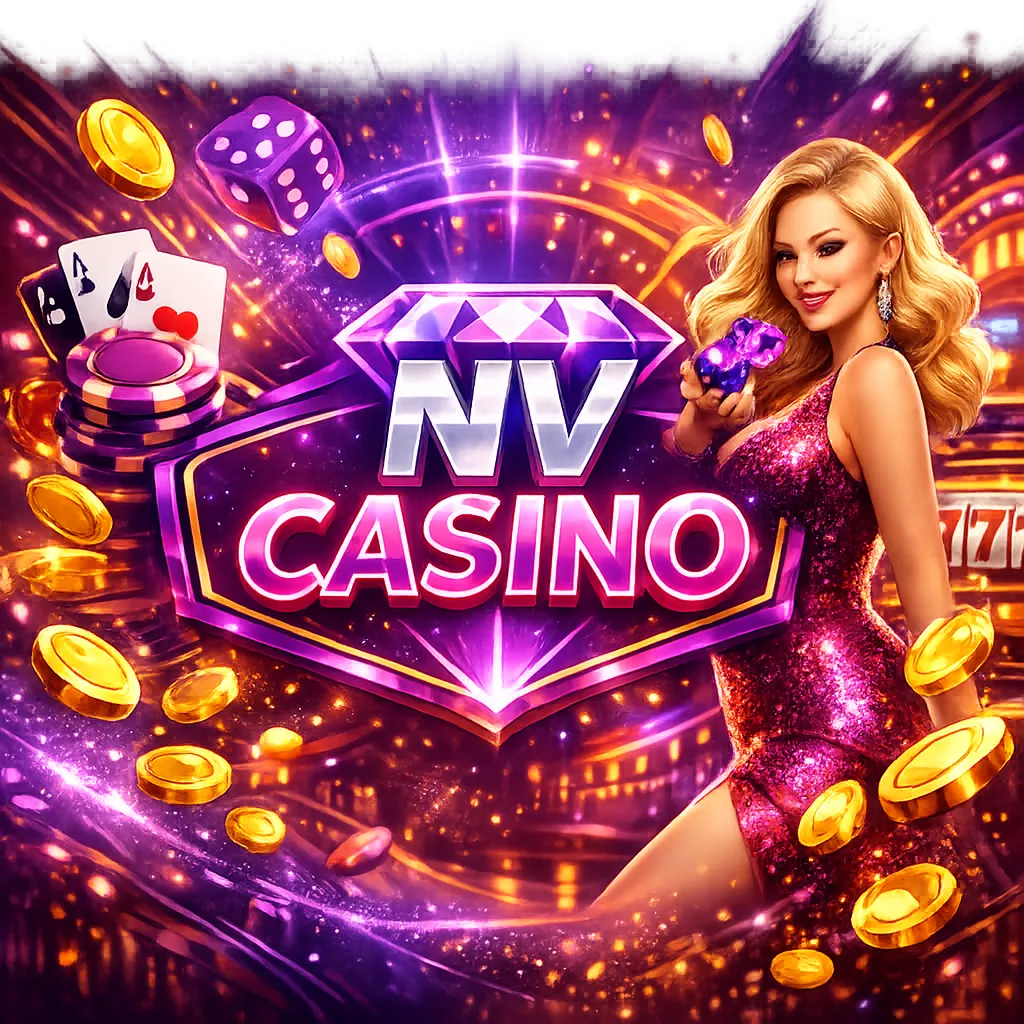 Promotional image depicting NV Casino with a purple-magenta neon theme, modern luxury, and a stylish iGaming atmosphere.